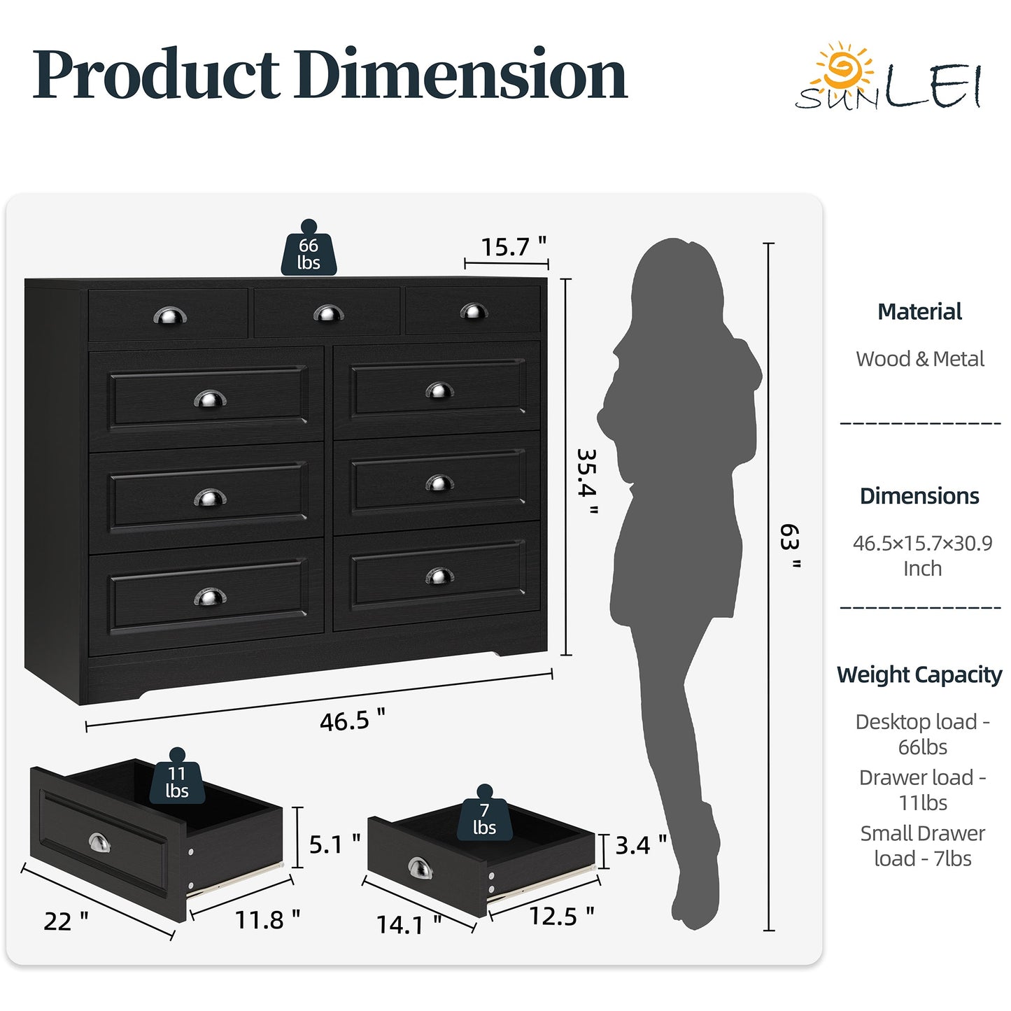 sobaniilowholesale 9 Drawer Double Dresser Black Wooden Wide Chest of Drawers with Metal Handles Storage Organizer Dresser Nursery Dresser for Living Room Hallway (7504222027952)