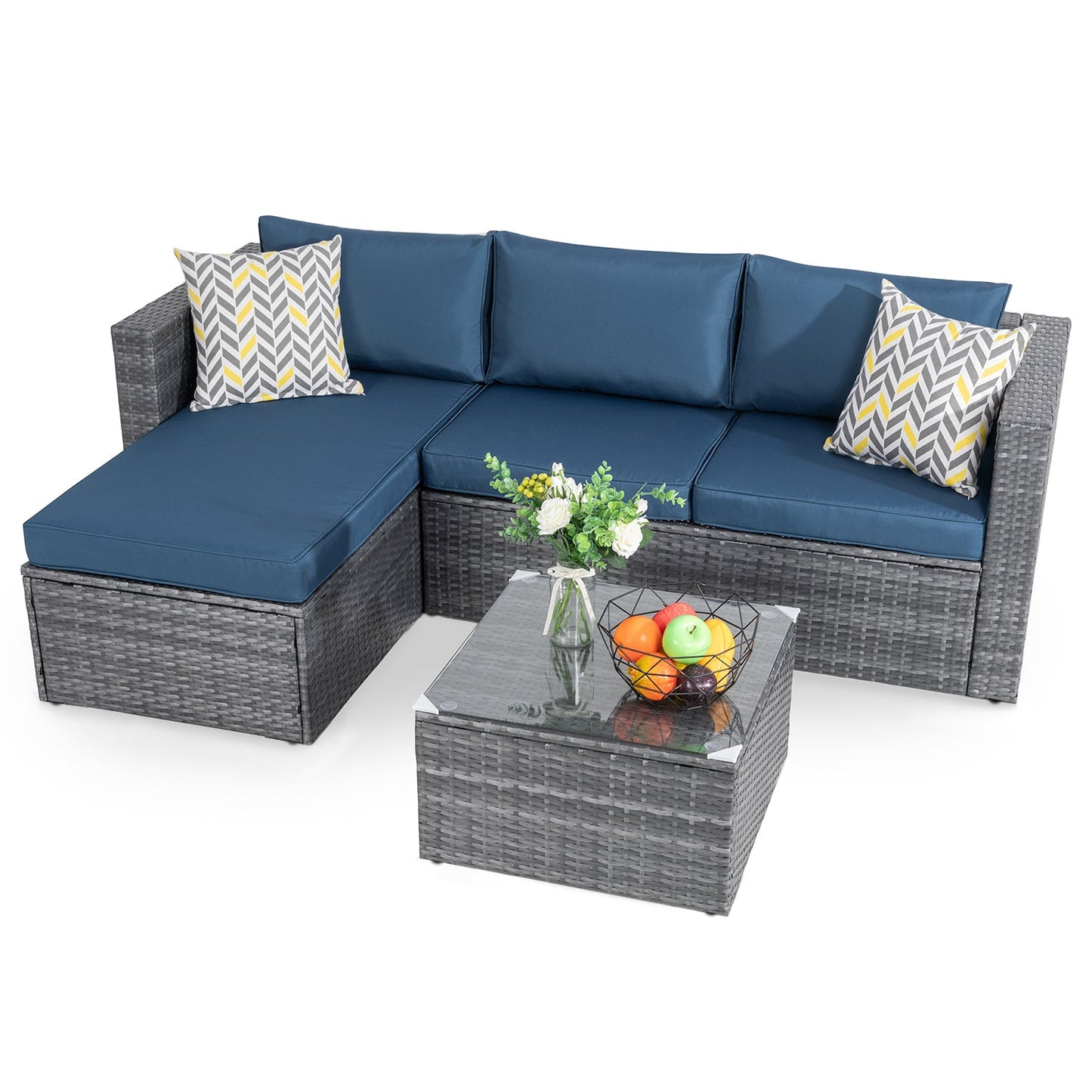 sobaniilowholesale Patio Furniture 3 Pieces Outdoor Sectional Sofa Set With Silver Wicker & Chaise