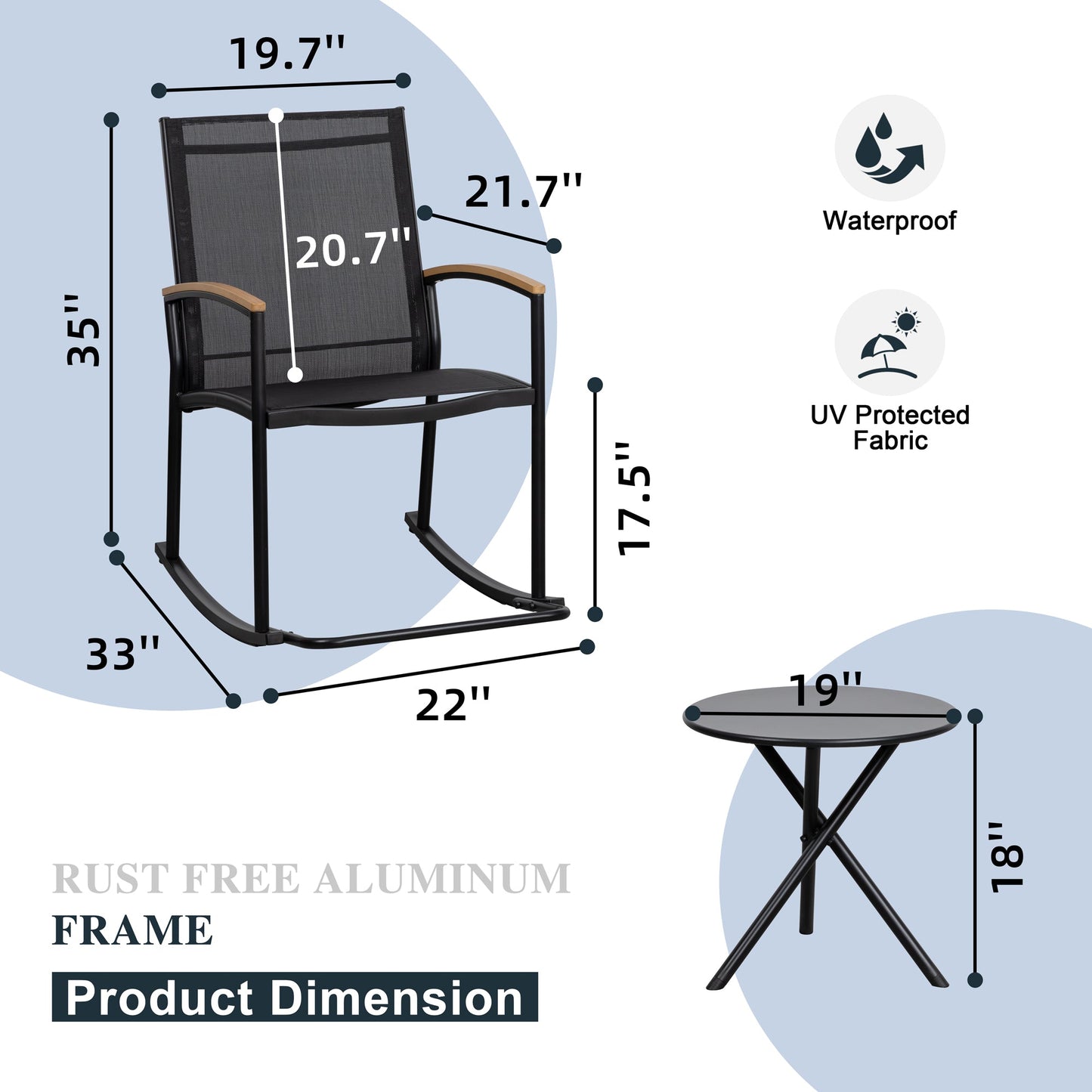 sobaniilowholesale 3 Pieces Patio Set Outdoor Patio Furniture Sets Modern Rocking Bistro Set Textilene Chair Conversation Sets Black (7609554796720)