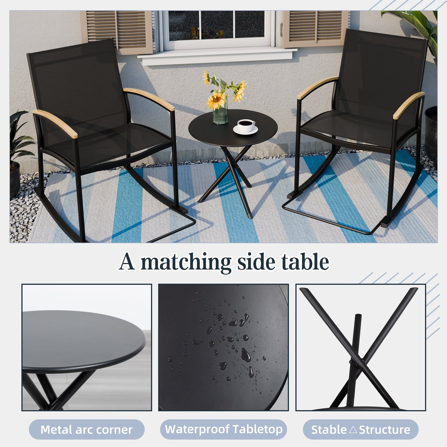 sobaniilowholesale 3 Pieces Patio Set Outdoor Patio Furniture Sets Modern Rocking Bistro Set Textilene Chair Conversation Sets Black (7609554796720)