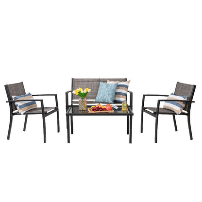 sobaniilowholesale 4 Pieces Outdoor Furniture Set, Modern Metal Textilene, Patio Loveseat & Glass Table, Black#color_brown