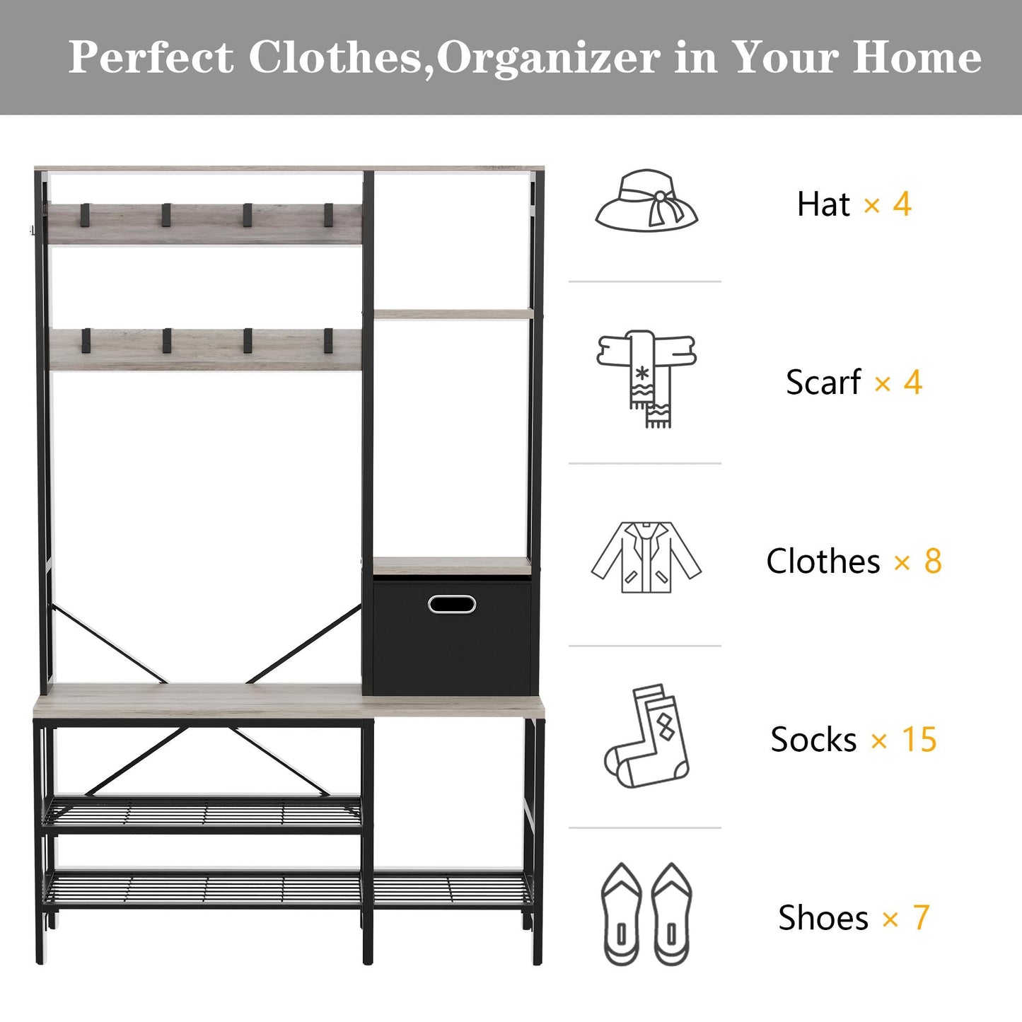 sobaniilo wholesale Coat Rack with Bench and Shoe Storage Shelves - 5 in 1 Large Organizer