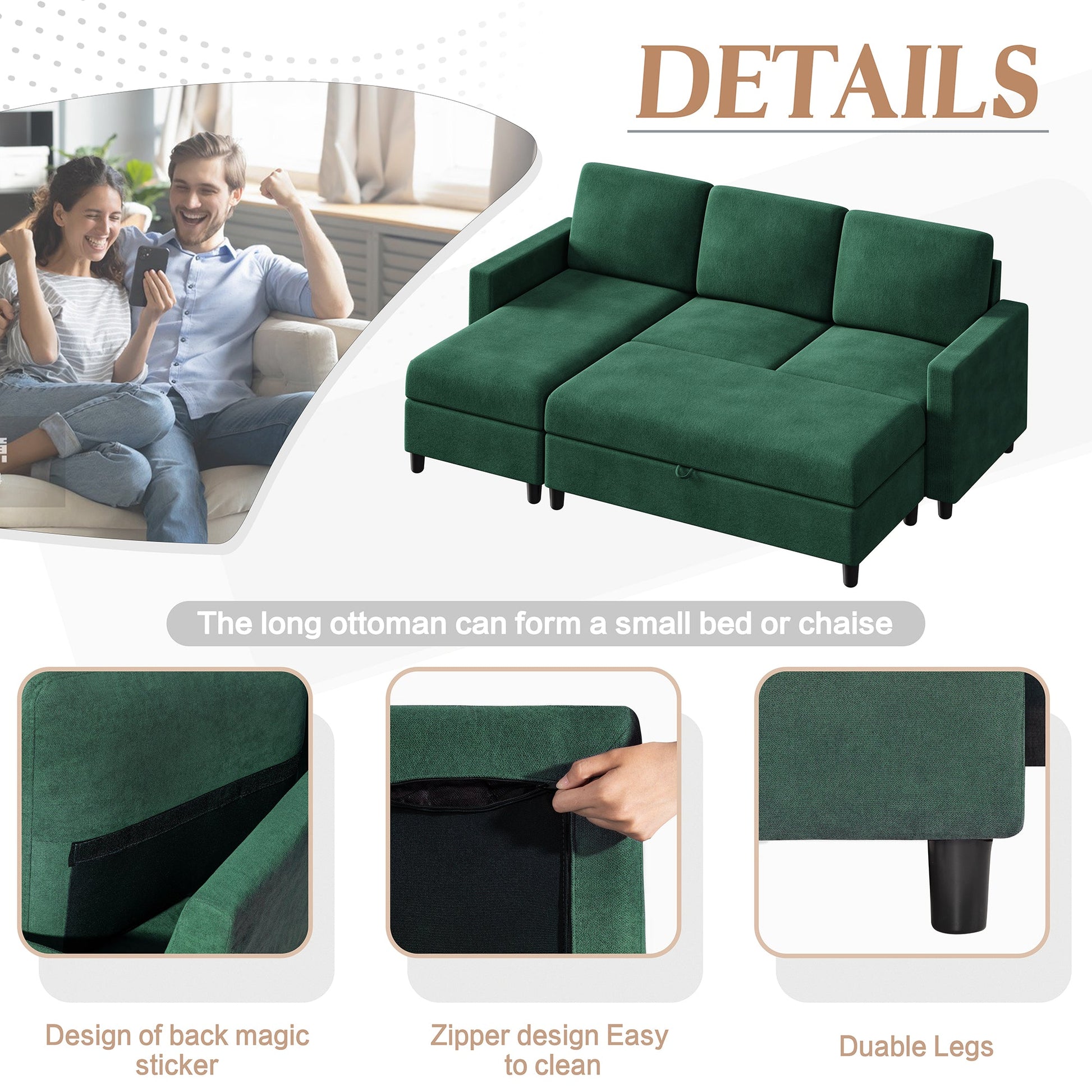 sobaniilowholesale Sectional Sofa With Long Storage Ottoman For Small Apartment#color_green