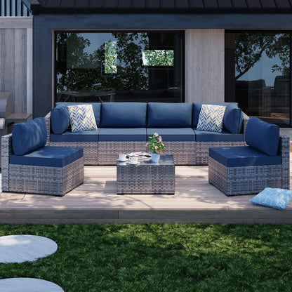 sobaniilowholesale Patio Furniture 7 Pieces Outdoor Sectional Sofa Set, Silver Wicker#color_aegean-blue (7047155384496)