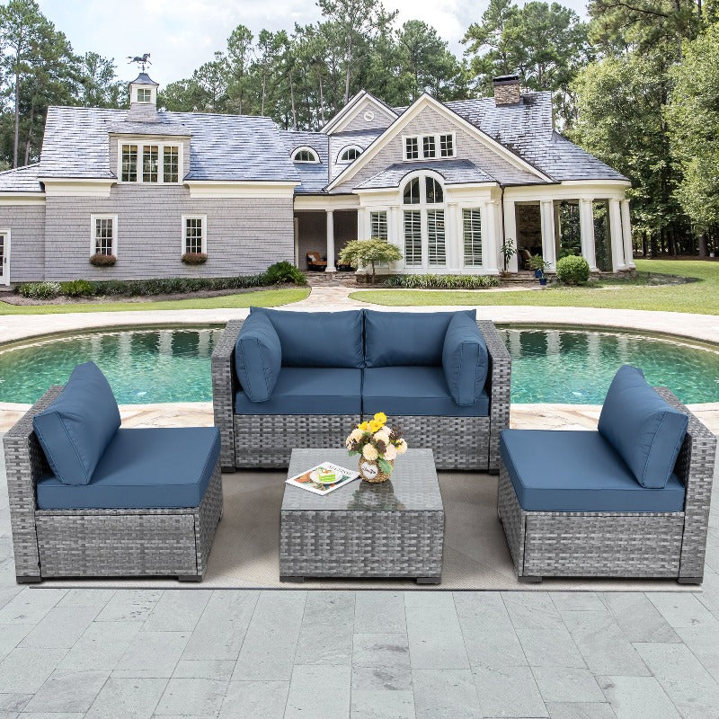 sobaniilowholesale Patio Furniture 5 Pieces Outdoor Sectional Sofa Set, Silver Wicker #color_aegean-blue