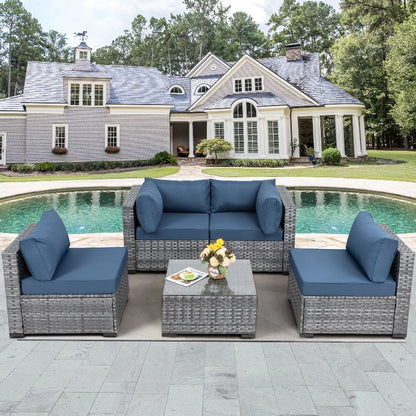 sobaniilowholesale Patio Furniture 5 Pieces Outdoor Sectional Sofa Set, Silver Wicker #color_aegean-blue