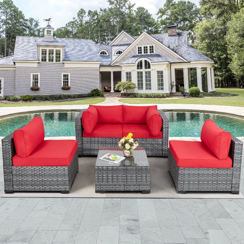 sobaniilowholesale Patio Furniture 5 Pieces Outdoor Sectional Sofa Set, Silver Wicker#color_red