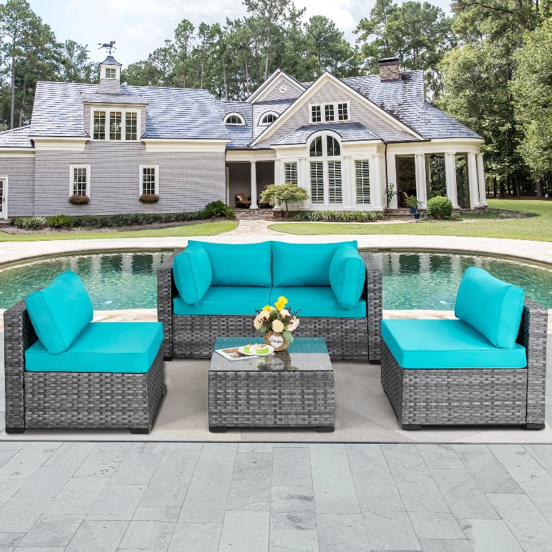 sobaniilowholesale Patio Furniture 5 Pieces Outdoor Sectional Sofa Set, Silver Wicker#color_blue