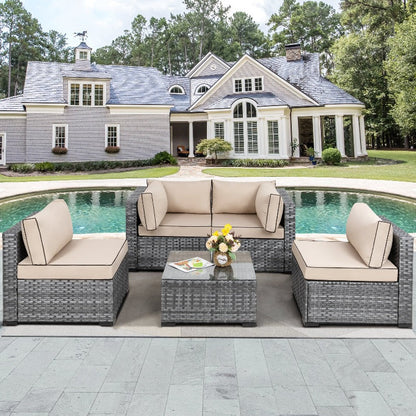 sobaniilowholesale Patio Furniture 5 Pieces Outdoor Sectional Sofa Set, Silver Wicker#color_khaki