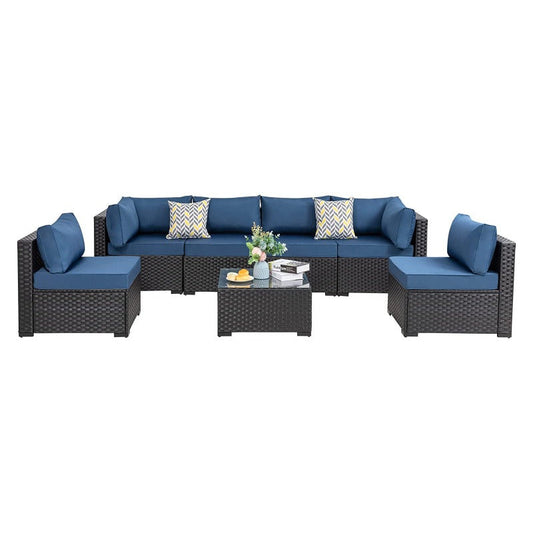 sobaniilowholesale Patio Furniture 7 Pieces Outdoor Sectional Sofa Set, Black Wicker#color_aegean-blue (7047144276144)