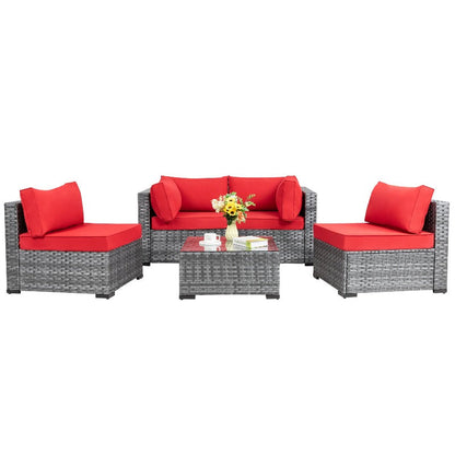 sobaniilowholesale Patio Furniture 5 Pieces Outdoor Sectional Sofa Set, Silver Wicker#color_red