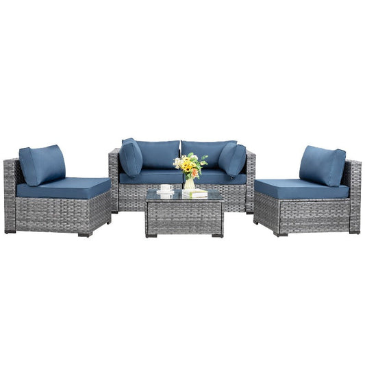 sobaniilowholesale Patio Furniture 5 Pieces Outdoor Sectional Sofa Set, Silver Wicker #color_aegean-blue