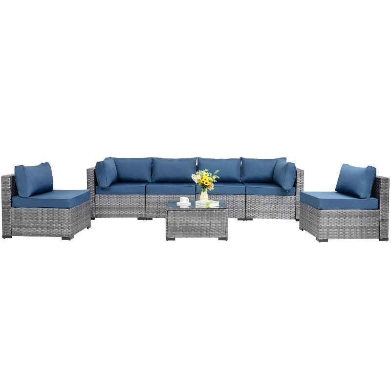 sobaniilowholesale Patio Furniture 7 Pieces Outdoor Sectional Sofa Set, Silver Wicker#color_aegean-blue (7047155384496)