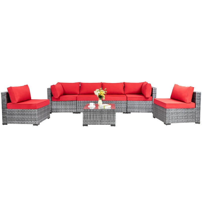 sobaniilowholesale Patio Furniture 7 Pieces Outdoor Sectional Sofa Set, Silver Wicker#color_red (7047155384496)