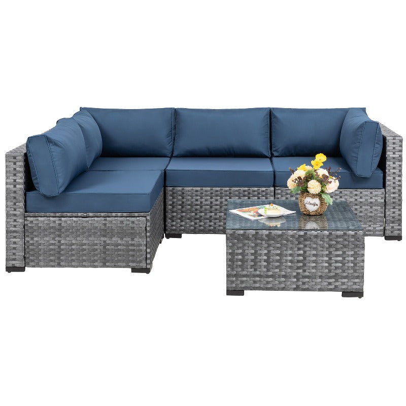 sobaniilowholesale Patio Furniture 5 Pieces Outdoor Sectional Sofa Set, Silver Wicker #color_aegean-blue