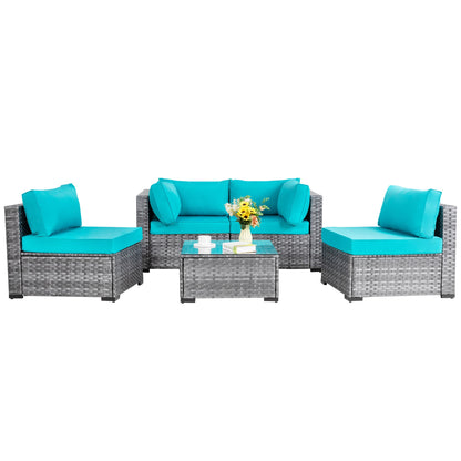 sobaniilowholesale Patio Furniture 5 Pieces Outdoor Sectional Sofa Set, Silver Wicker#color_blue