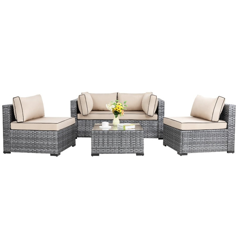 sobaniilowholesale Patio Furniture 5 Pieces Outdoor Sectional Sofa Set, Silver Wicker#color_khaki