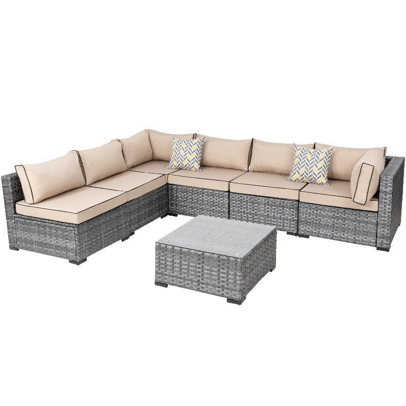 sobaniilowholesale Patio Furniture 7 Pieces Outdoor Sectional Sofa Set, Silver Wicker#color_khaki (7047155384496)