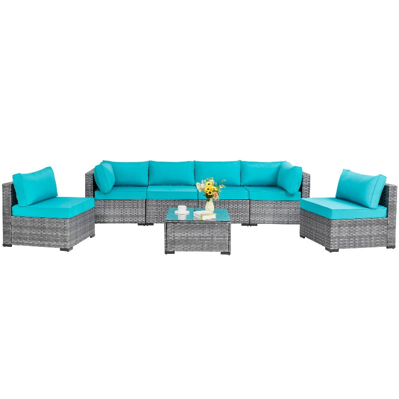 sobaniilowholesale Patio Furniture 7 Pieces Outdoor Sectional Sofa Set, Silver Wicker#color_blue (7047155384496)