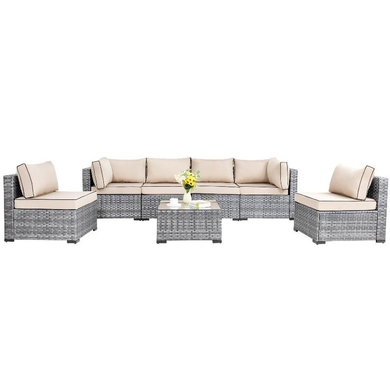 sobaniilowholesale Patio Furniture 7 Pieces Outdoor Sectional Sofa Set, Silver Wicker#color_khaki (7047155384496)