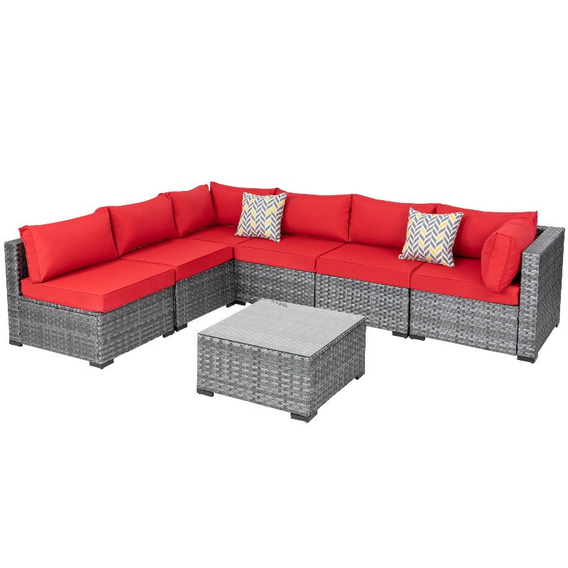 sobaniilowholesale Patio Furniture 7 Pieces Outdoor Sectional Sofa Set, Silver Wicker#color_red (7047155384496)