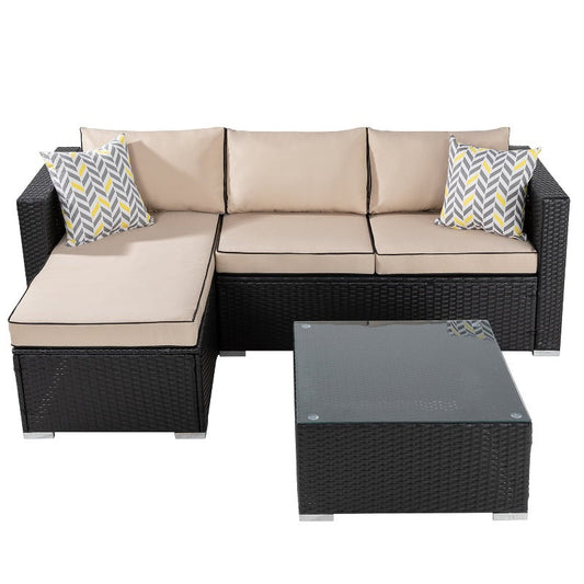 sobaniilowholesale Patio Furniture 3 Pieces Outdoor Sectional Sofa Set With Chaise, Black Wicker#color_khaki