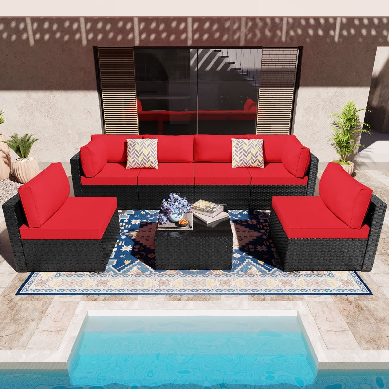 sobaniilowholesale Patio Furniture 7 Pieces Outdoor Sectional Sofa Set, Black Wicker#color_red (7047144276144)