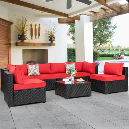 sobaniilowholesale Patio Furniture 7 Pieces Outdoor Sectional Sofa Set, Black Wicker#color_red (7047144276144)