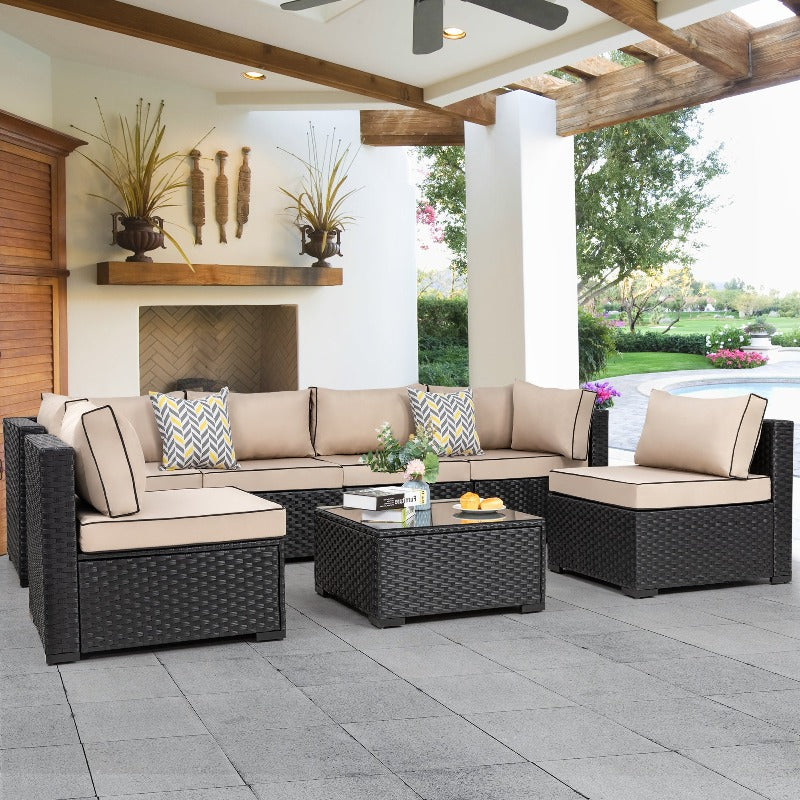 sobaniilowholesale Patio Furniture 7 Pieces Outdoor Sectional Sofa Set, Black Wicker#color_khaki (7047144276144)