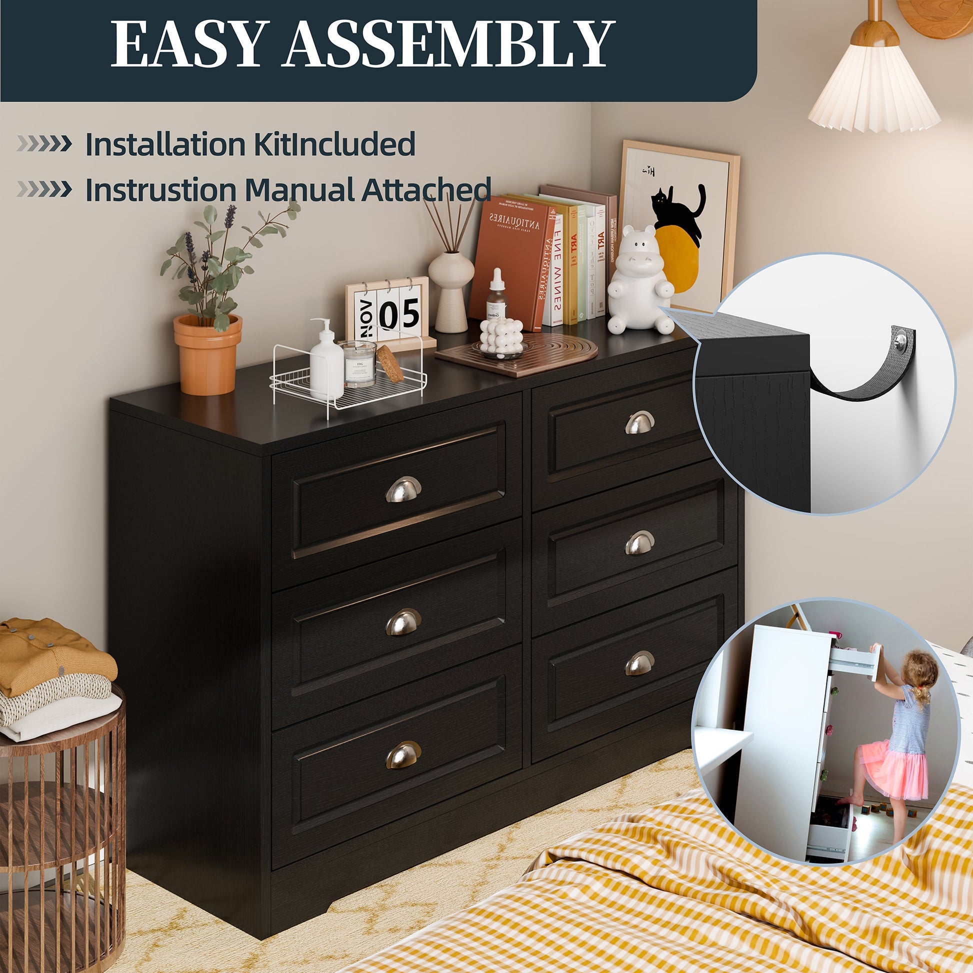 sobaniilowholesale 9 Drawer Double Dresser Black Wooden Wide Chest of Drawers with Metal Handles Storage Organizer Dresser Nursery Dresser for Living Room Hallway (7504222027952)