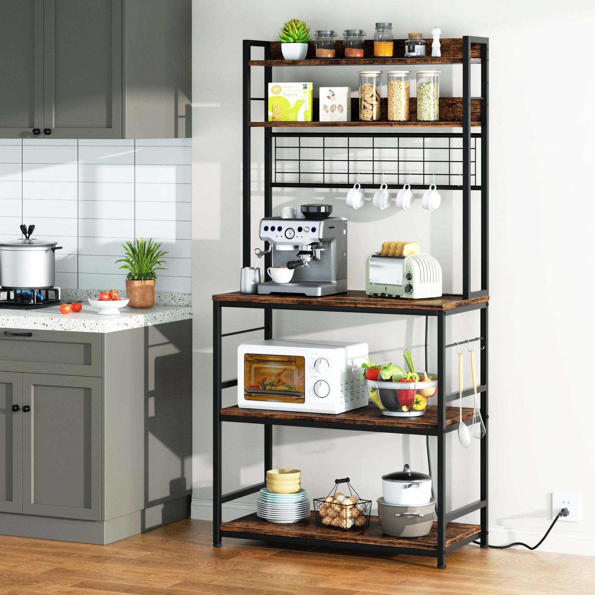 WALSUNY Kitchen Bakers Rack with Power Outlet  Coffee Bar Table 3Tiers