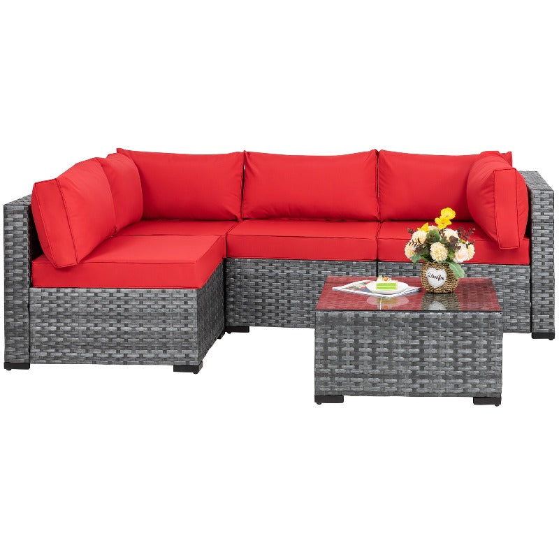 sobaniilowholesale Patio Furniture 5 Pieces Outdoor Sectional Sofa Set, Silver Wicker#color_red