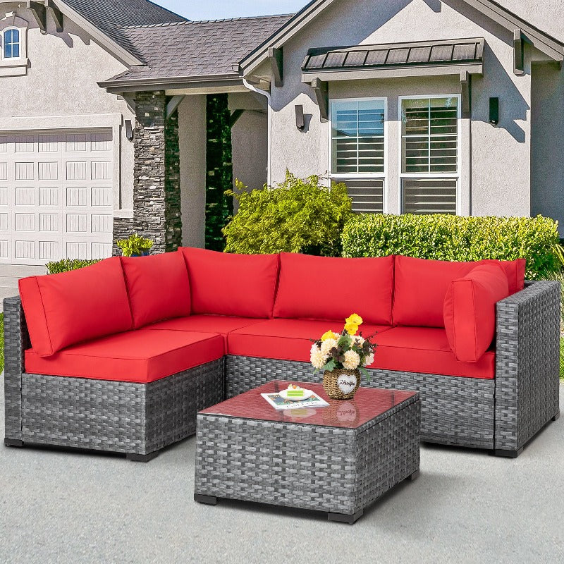 sobaniilowholesale Patio Furniture 5 Pieces Outdoor Sectional Sofa Set, Silver Wicker#color_red