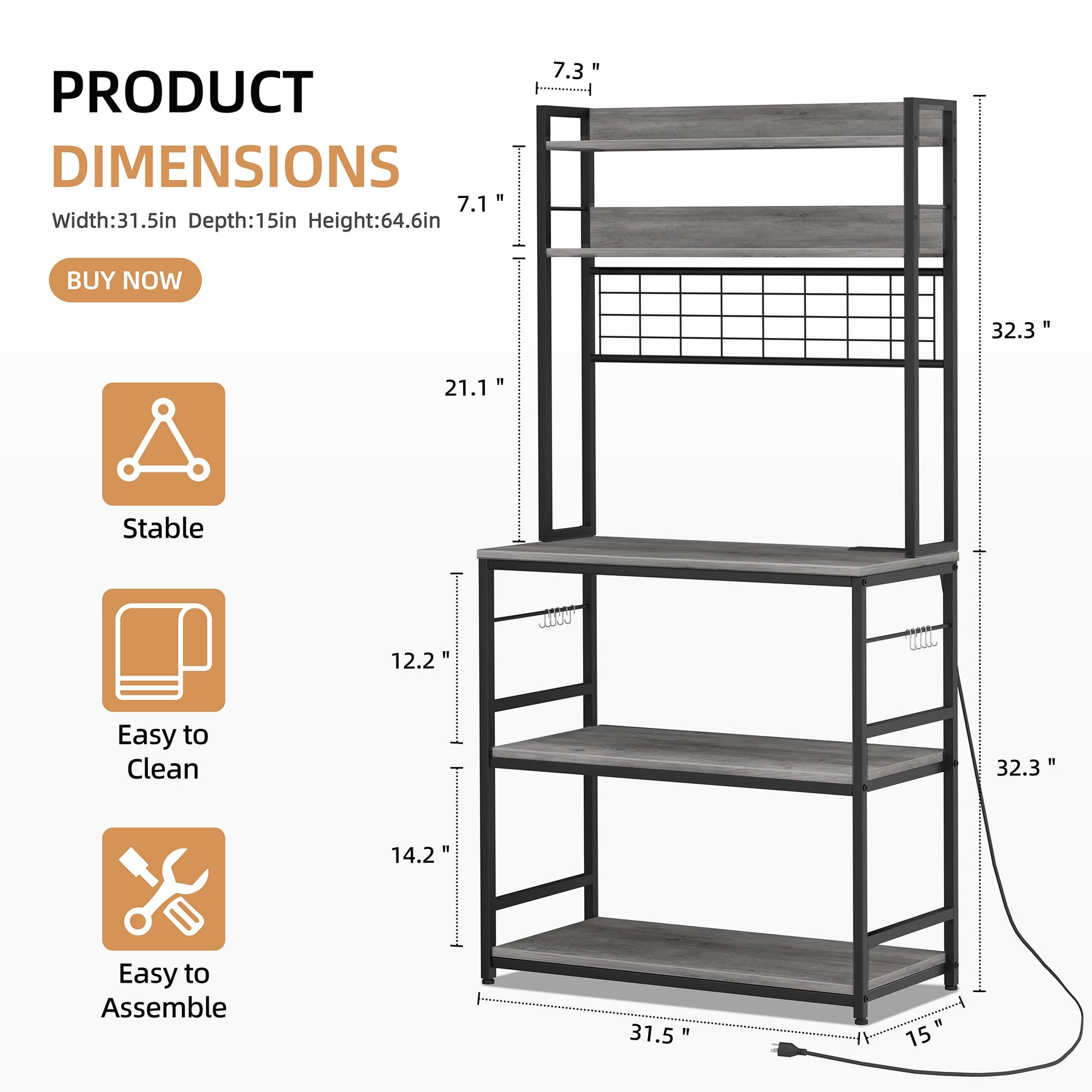 WALSUNY Kitchen Bakers Rack with Power Outlet  Coffee Bar Table 3Tiers