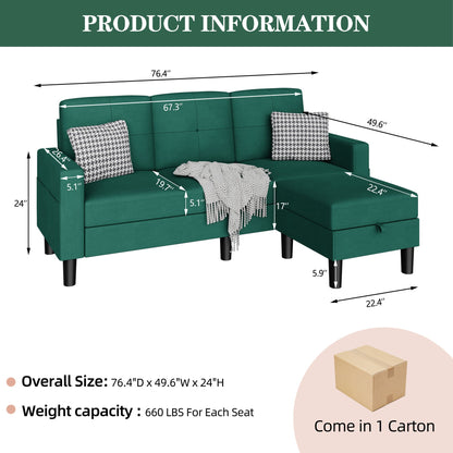 sobaniilowholesale 3-Seat L Shaped Modern Sectional Sofa with Storage Ottoman and Side Pockets #color_green