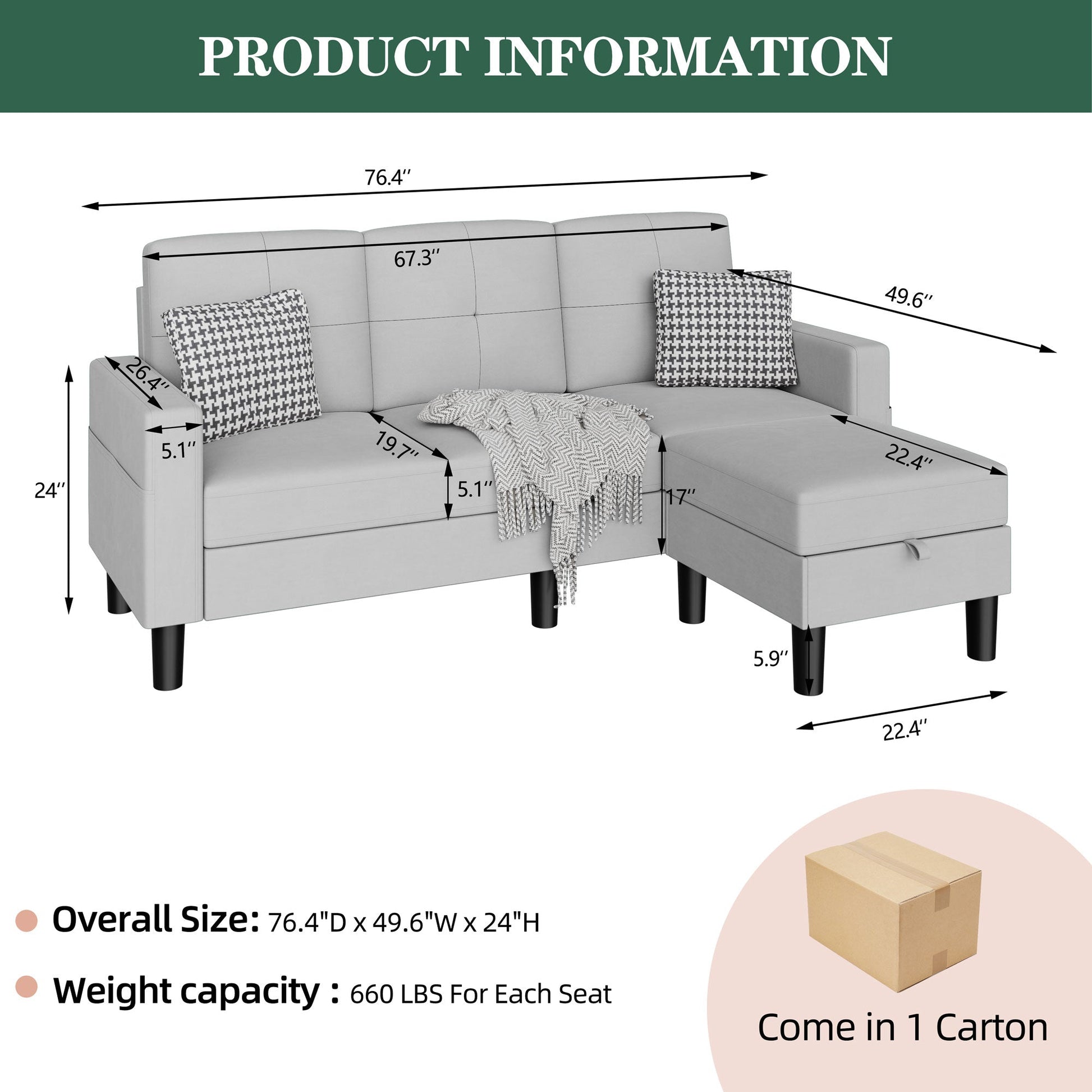 sobaniilowholesale 3-Seat L Shaped Modern Sectional Sofa with Storage Ottoman and Side Pockets #color_light-grey