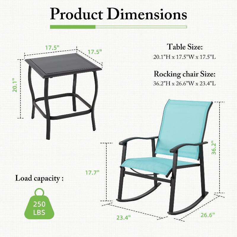 sobaniilowholesale Patio Furniture 3 Pieces Textilene Outdoor Bistro Rocking Chair Set