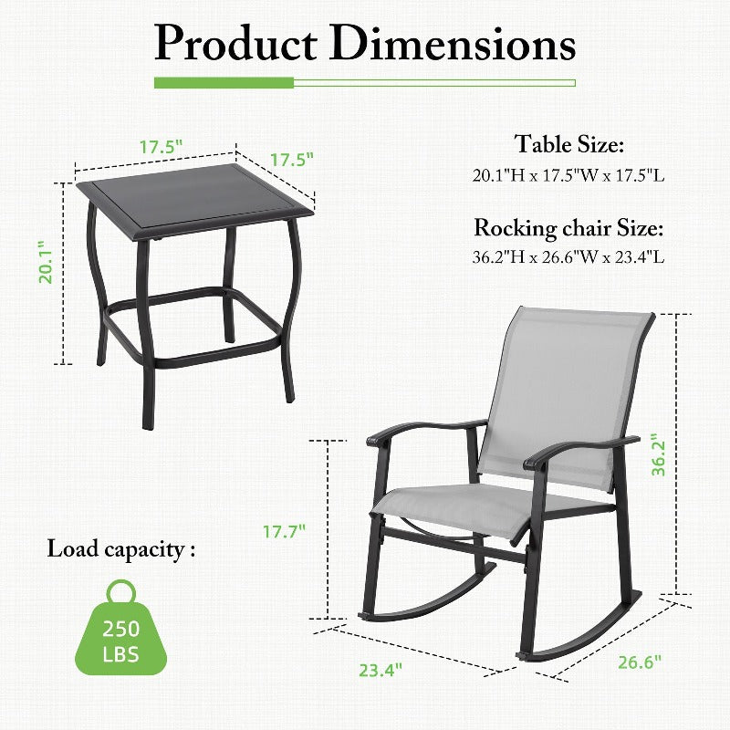 sobaniilowholesale Patio Furniture 3 Pieces Textilene Outdoor Bistro Rocking Chair Set