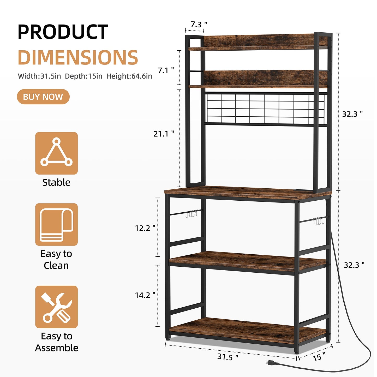 WALSUNY Kitchen Bakers Rack with Power Outlet  Coffee Bar Table 3Tiers