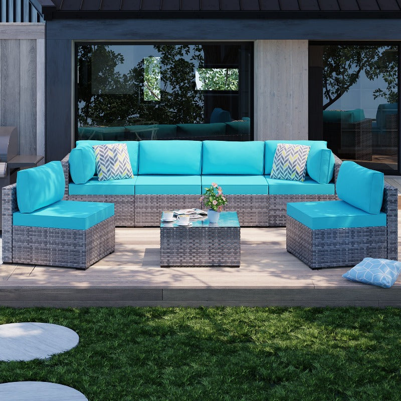 sobaniilowholesale Patio Furniture 7 Pieces Outdoor Sectional Sofa Set, Silver Wicker#color_blue (7047155384496)