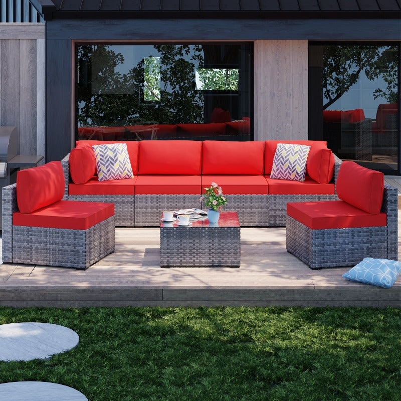 sobaniilowholesale Patio Furniture 7 Pieces Outdoor Sectional Sofa Set, Silver Wicker#color_red (7047155384496)