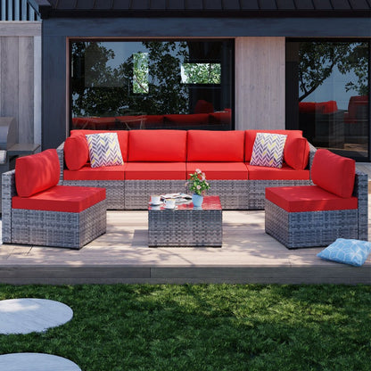 sobaniilowholesale Patio Furniture 7 Pieces Outdoor Sectional Sofa Set, Silver Wicker#color_red (7047155384496)