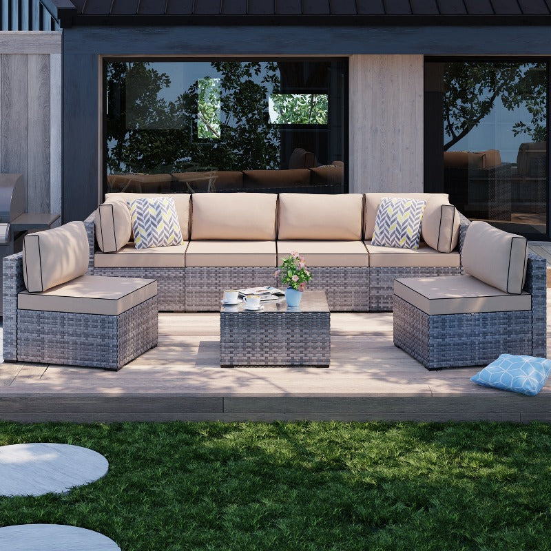 sobaniilowholesale Patio Furniture 7 Pieces Outdoor Sectional Sofa Set, Silver Wicker#color_khaki (7047155384496)